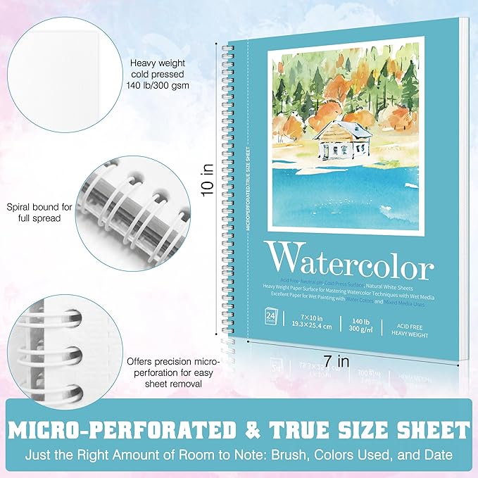 watercolor paper pad, watercolor sketchbook 7" x10” 140lb/300gsm, spiral bound water color pad journal and sketchbook for adults & kids, markers and art journaling