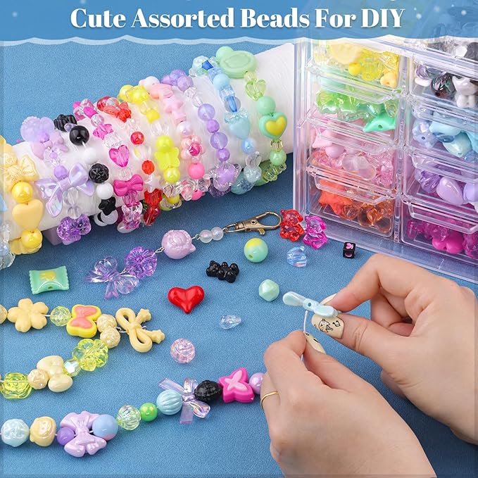 500-550PCS TINKRSTUFF Assorted Acrylic Beads, 8 Colors Mixed Cute Beads for Bracelet Making, Star GummyBear Bow Flower Kawaii Beads, Aesthetic Bead for Necklace Keychain Jewelry Making DIY Phone Charm
