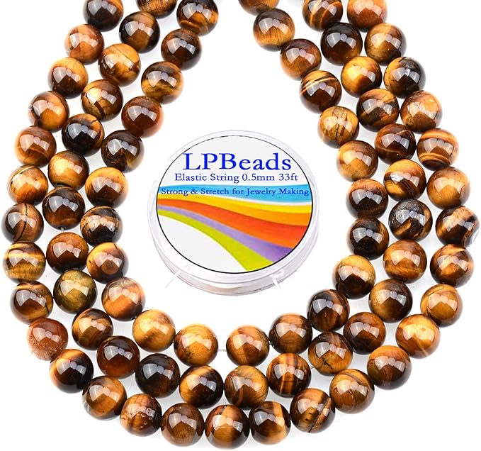 LPBeads 80Pcs Polished 10mm Round Natural Yellow Tiger Eye Gemstone Loose Beads with Stretch Cord for Jewelry Making Bracelets