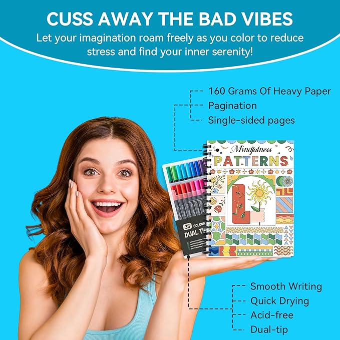 Adult Coloring Book Set- for Adults Relaxation with 36 Dual-Tip Markers in a Case, Anxiety Relief Patterns Included Mandala Animal Flowers and Other Themes,Perfect Stress-Relieving Gift for Women