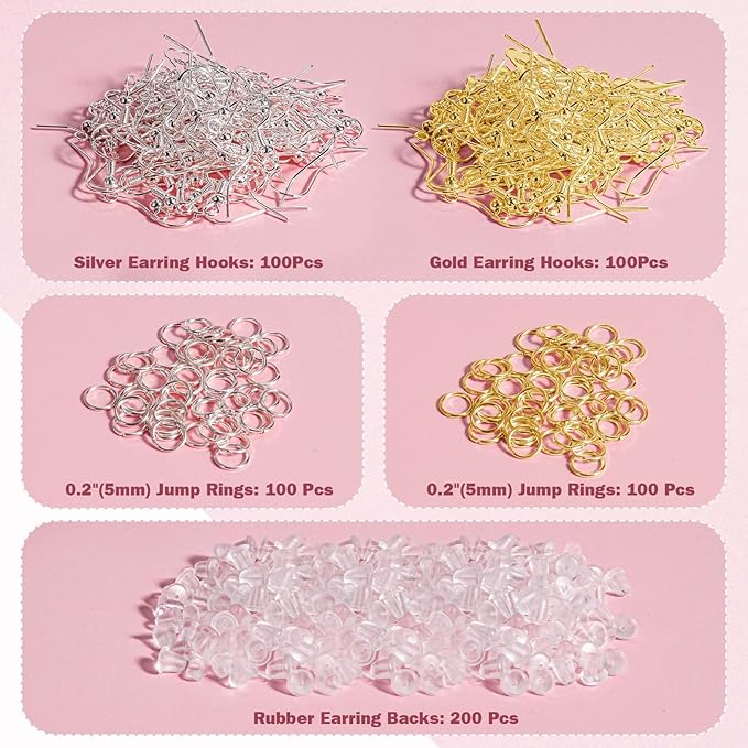 Hypoallergenic Earring Hooks, 600 Pcs Earring Making Supplies Kit with Earring Hooks, Jump Rings and Earring Backs for Jewelry Making (Silver and Gold)