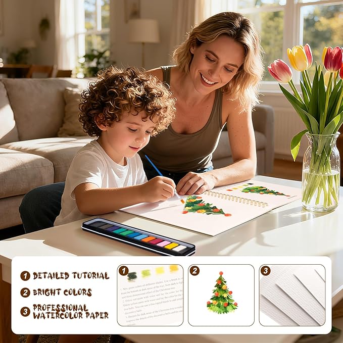Watercolor Workbook for Adults, Beginner Friendly Watercolor Painting Kit Christmas Water Coloring Book, Nature-Themed Practice Art Gift Water Color Paint Book with Palette and Brush