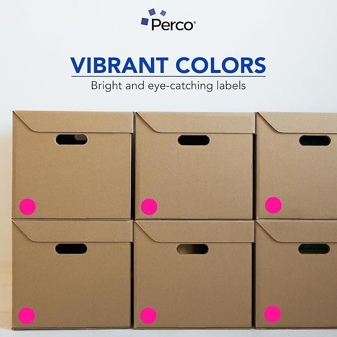 perco fluorescent pink 2-inch perforated circle dot sticker labels — 250 round stickers per roll — with permanent adhesive for organizing, color coding, bin labeling, packaging alerts — made in usa