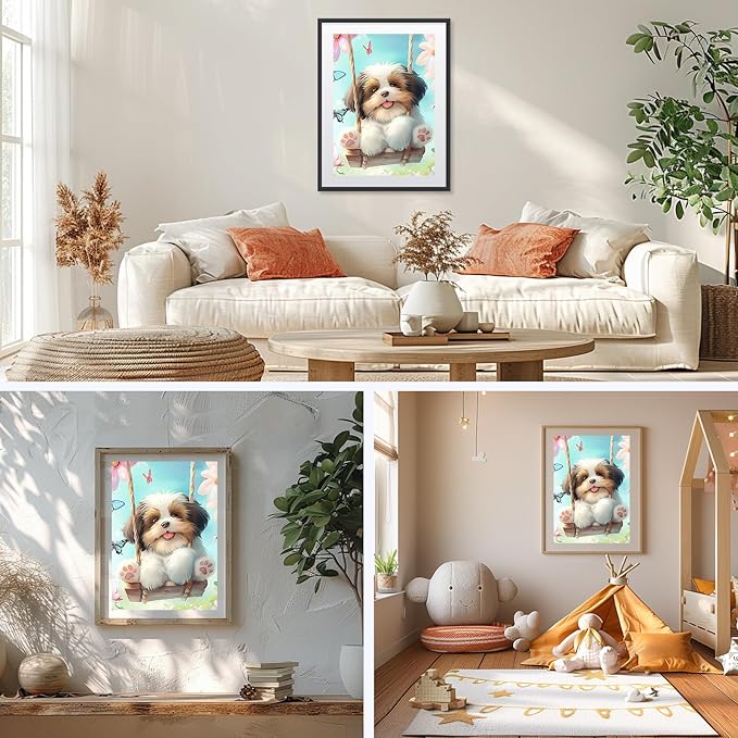 NAIMOER Puppy Diamond Painting Kits for Adults, DIY 5D Diamond Painting Dog Play on the Swing, Full Drill Diamond Art Kits Holiday Art Pictures Perfect for Home Wall Decor 30x40cm