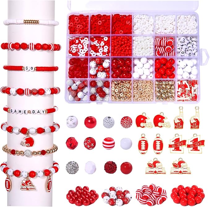 HSWE Game Day Beads for Bracelets Making Kit,Red White Heishi Clay Pearl Letter Assorted Round Beads Gold Spacer Beads with Football Charms for DIY Bracelet Necklace Jewelry Making,2100PCS+