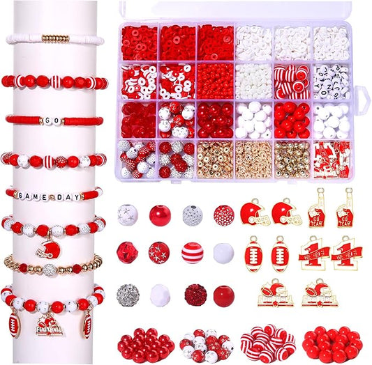 HSWE Game Day Beads for Bracelets Making Kit,Red White Heishi Clay Pearl Letter Assorted Round Beads Gold Spacer Beads with Football Charms for DIY Bracelet Necklace Jewelry Making,2100PCS+