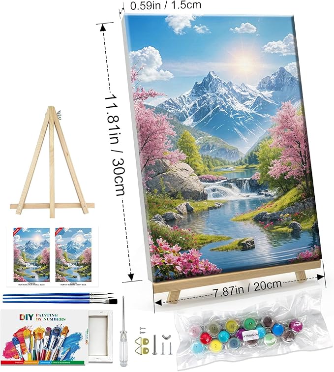 ATDMS Paint by Numbers Kits for Adult with Frame DIY Mountain Paint by Number with Easel Acrylic Sunset Oil Painting by Number for Wall Hanging Home Room Decor 7.87x11.81 Inch