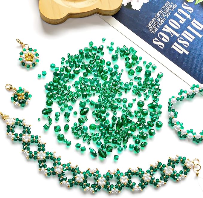 1500 Pcs Crystal Glass Beads for Jewelry Making – 12 Styles Bicone, Rondelle, Cube, Teardrop & 3mm Spacer Beads, DIY Bracelet Necklace Earring Craft Kit(Malachite Green)
