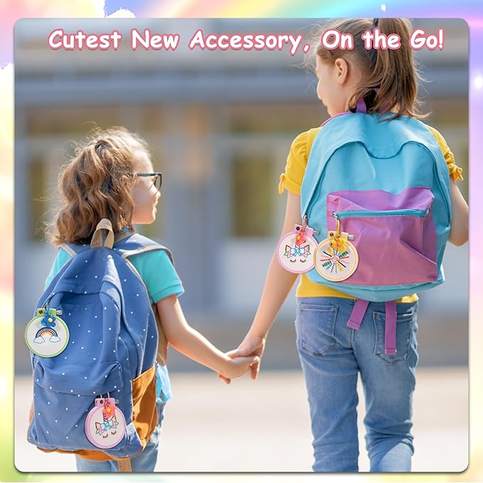 Pllieay 6PCS Embroidery Kit for Kids, Needlepoint Kits for Beginners with Pre-Printed Pattern, 6Pcs Hoop, Threads, Keychains and Instructions, Kids Cross Stitch Kits Supplies for Crafting
