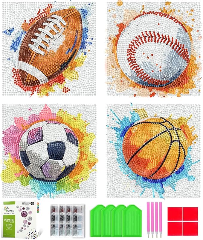 Tiwabb 4 Pack 5D Box Diamond Art Kits for Kids Ages 8-12,Ball Sports Diamond Painting for Kids Beginners,Full Drill Gem Art for Kids DIY Crafts for Girls 8-12,for Home Decor 7x7 Inch