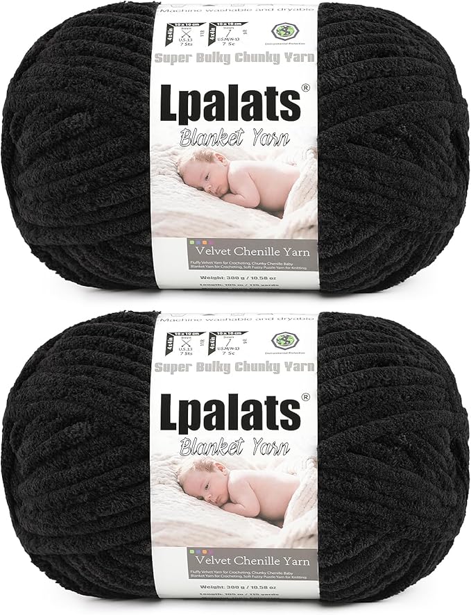 Baby Blanket Yarn for Crocheting - 2 Pack of 300g (Total 600g/21.2oz) Super Fluffy Chunky Chenille Yarn for Hand Knitting, 230 yds Super Bulky Plush Yarn for Cozy Blankets and Amigurumi (2, Black)