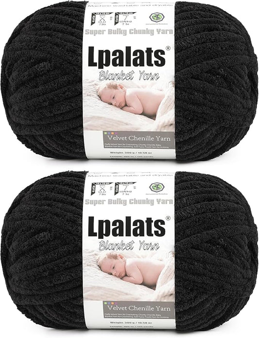 Baby Blanket Yarn for Crocheting - 2 Pack of 300g (Total 600g/21.2oz) Super Fluffy Chunky Chenille Yarn for Hand Knitting, 230 yds Super Bulky Plush Yarn for Cozy Blankets and Amigurumi (2, Black)