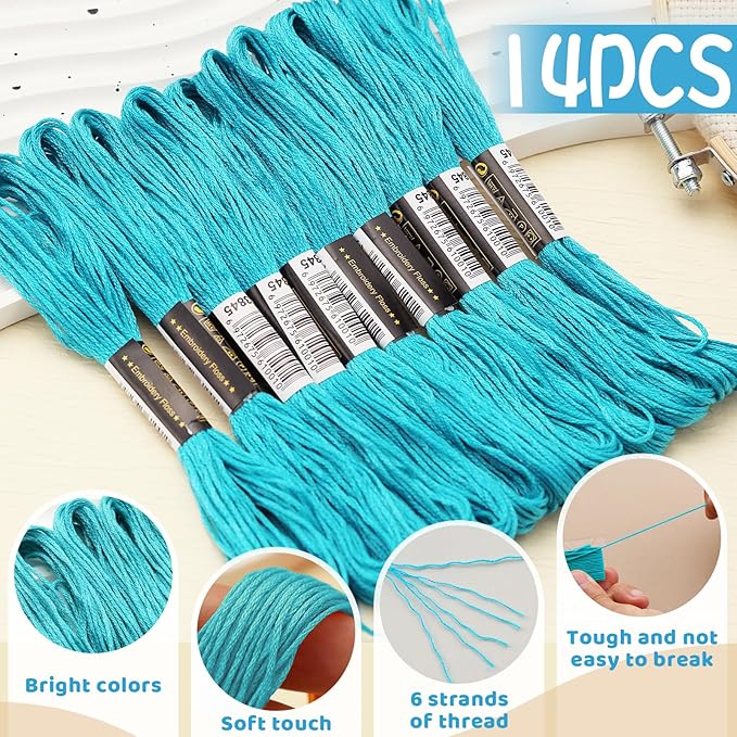 14 Skeins Sky-Blue Embroidery Floss, 8m Cotton Embroidery Thread, Cross Stitch Thread Set for for DIY Making, Embroidery Crafts