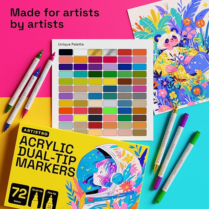 ARTISTRO 72 Acrylic Paint Markers - Paint Pens for Drawing, Brush + Fine Tips - For Fabric, Rock, Glass, Wood, DIY, Eggs - Art & Craft Supplies for Adults, Teens, Kids - Easter Basket Stuffers