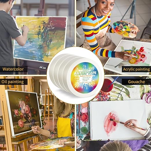 4 Packs White Art Tape Medium Tack Artist Masking Tape Paper Acid Free Tape Watercolor Painters Tape Artists Tape for Drafting Art Watercolor Painting Canvas Framing, 1 inch Wide 660FT Long