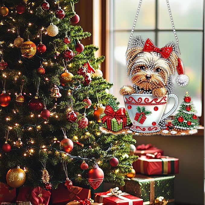 SENQAO Christmas Diamond Art Hanging Kits for Adults Kids, Golden Retriever Diamond Art Suncatchers, 5D Special Shape Diamond Painting Pendant Window Ornament Gifts for Home Door Wall Decor