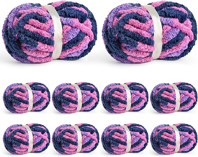 10 Pack Jumbo Chunky Yarn for Hand Knitting, Fluffy Chunky Chenille Yarn for Crocheting, Variegated Chunky Knit Baby Blanket Yarn, 240 yds /70.5 oz Super Bulky Yarn(Vibrant Purple)