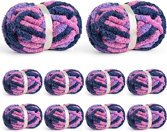 10 Pack Jumbo Chunky Yarn for Hand Knitting, Fluffy Chunky Chenille Yarn for Crocheting, Variegated Chunky Knit Baby Blanket Yarn, 240 yds /70.5 oz Super Bulky Yarn(Vibrant Purple)