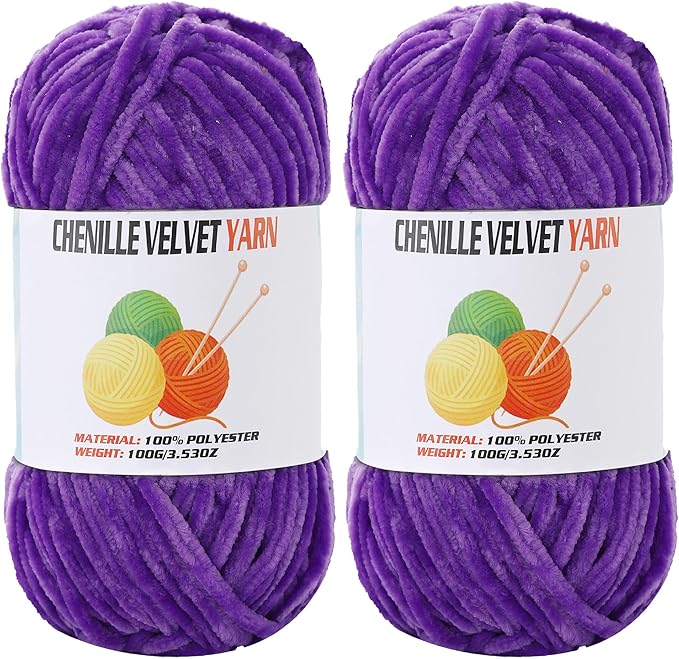 2 * 100g Velvet Chenille Chunky Yarn, Handcrafts Weaving Soft Chenille Yarn for Crocheting Clearance, Used for Making Baby Yarn Blanket, Clothes, Knitting Creations (Lavender Color)
