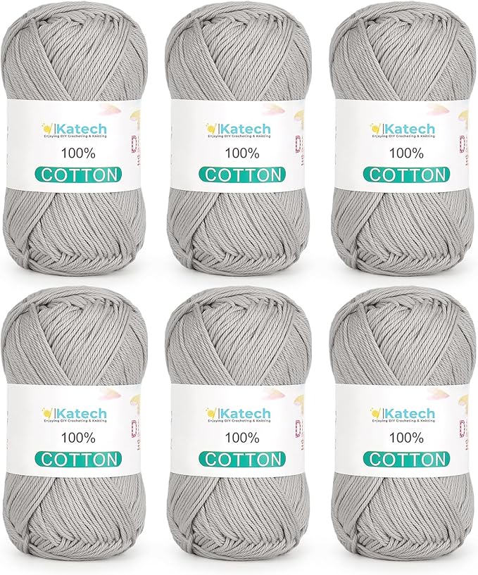 Katech Pure Cotton Yarn for Crocheting & Knitting–Soft Sport Weight CYC #2, 6 Skeins (50g Each, 300g Total), Ideal Crochet Yarn for Dishcloths, Baby Clothes, Socks, Lightweight Scarves（Light Gray）