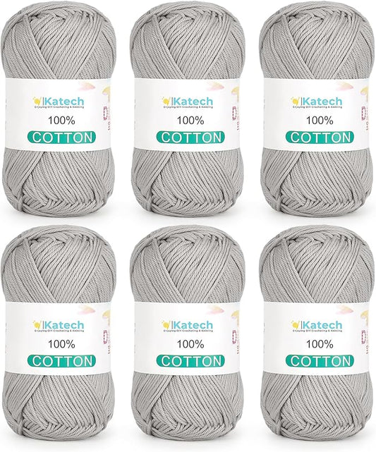 Katech Pure Cotton Yarn for Crocheting & Knitting–Soft Sport Weight CYC #2, 6 Skeins (50g Each, 300g Total), Ideal Crochet Yarn for Dishcloths, Baby Clothes, Socks, Lightweight Scarves（Light Gray）