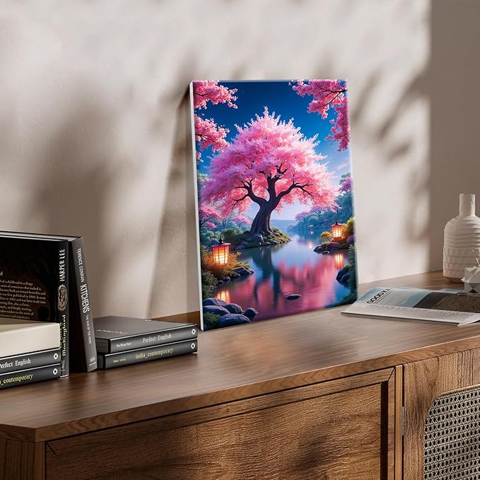 JOOZ Paint by Numbers Kit for Adults with Easel Cherry Blossom Tree Paint by Number with Frame Lake Scenery Adult Paint by Number Kits Oil Painting by Numbers for Gift Home Wall Decor 8x12 Inch
