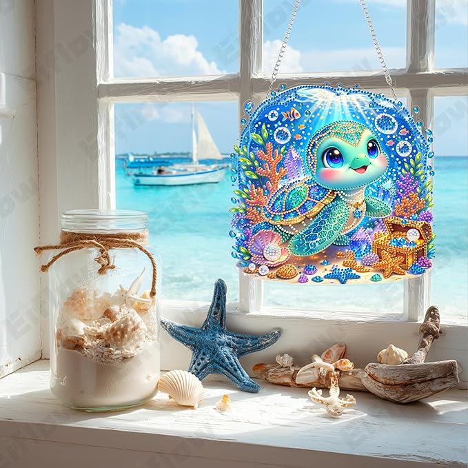Eiflow Acrylic Diamond Art Hanging Kit for Adults, DIY Diamonds Painting Door Hanger Board Kit, Special Crystal Diamond Art Painting Pendant Ornament (Beach Turtle)