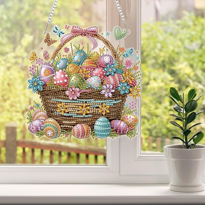 HEIBAGO Easter Eggs Diamond Art Hanging Kits for Adults, Diamond Art Suncatchers, 5D Special Shape Diamond Painting Pendant, DIY Window Ornament Gifts for Home Garden Door Wall Decor 8.3 x 8.3 Inch