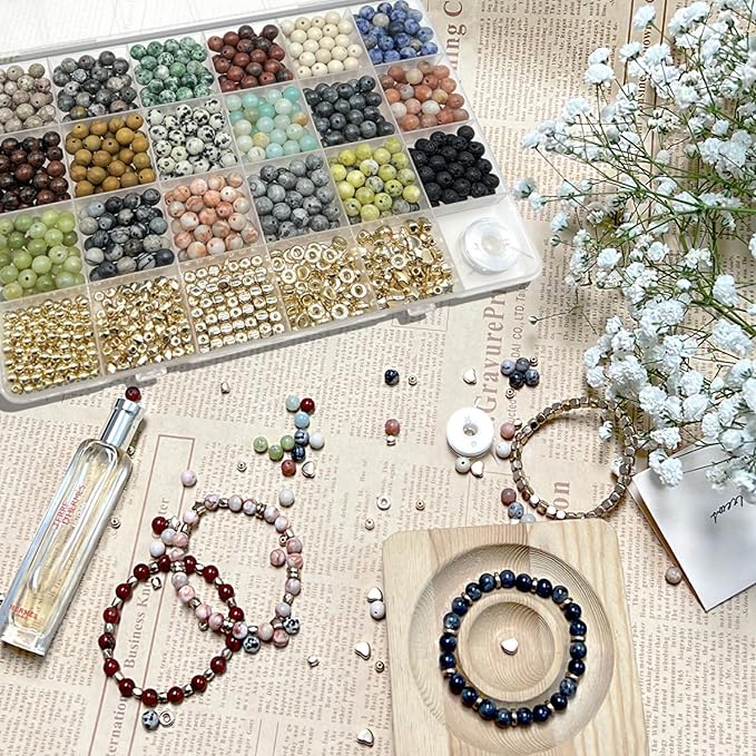 Jewelry Making Supplies Kits Natural Stone Beads Round Gemstone Beading with Spacer for DIY Craft Bracelet Necklace Earrings for Adults (6mm)
