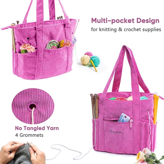 Crochet Bag and Tote - Corduroy Yarn Bag - Yarn Holder for Crocheting - Crochet Storage Bag for Crochet Hooks, Crochet Accessories, Knitting Bag for Crochet Lovers, Mom Gift