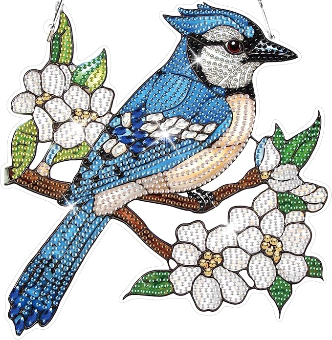 HEIBAGO Bird Hanging Diamond Art Kits for Adults, Flower Special Shaped Crystal Diamond Painting Ornament Kit, DIY Double-Sided Pattern Window Pendant Gem Art Kit for Home Wall Decor 8.3x8.3inch