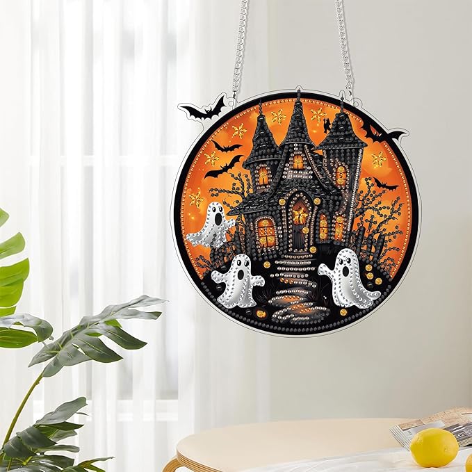 Reofrey Hanging Diamond Art Kits for Adults - 8x8 Inch Halloween Ghost Acrylic Board Double Sided Pattern Diamond Art Suncatcher Pendant, Crystal Art for Home Wall or Window Decoration Handmade Gift