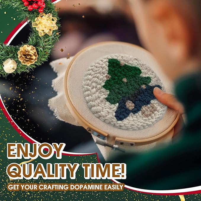 yuegool 6PCS Christmas Punch Needle Coasters Kit - DIY Embroidery Set for Adult Beginners, Holiday Art Craft Supplies with Patterns, Tools, Yarn, Hoop, Instructions, Coaster Holder