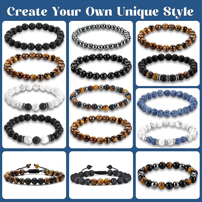 Zefy 467 Pcs 6/8mm Natural Stone Beads, Round Crystals Bead Genuine Real Stones, Gemstone Beads Kit with Spacer Bead Charms for Bracelets Jewelry Making (14 Colors)