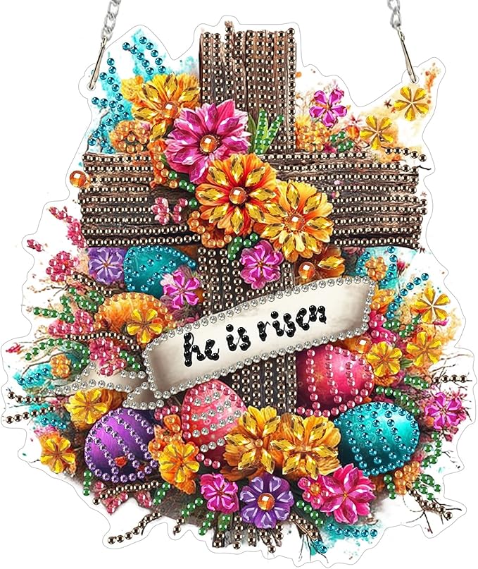 MOGTAA Easter Cross Diamond Art Hanging Kits for Adults Beginners, Easter Egg Diamond Art Suncatchers, 5D Special Shape Flowers Diamond Painting Window Pendant Kit for Home Garden Wall Decor