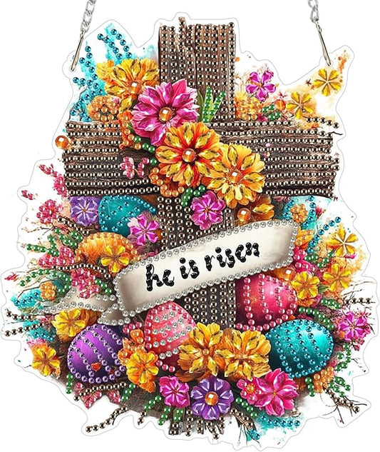 MOGTAA Easter Cross Diamond Art Hanging Kits for Adults Beginners, Easter Egg Diamond Art Suncatchers, 5D Special Shape Flowers Diamond Painting Window Pendant Kit for Home Garden Wall Decor