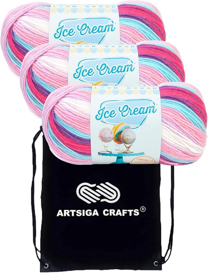 Lion Brand Ice Cream Raspberry Ripple 923-216 (3-Skeins - Same Dye Lot) Baby Sport #2 Acrylic Yarn for Crocheting and Knitting with Project Bag