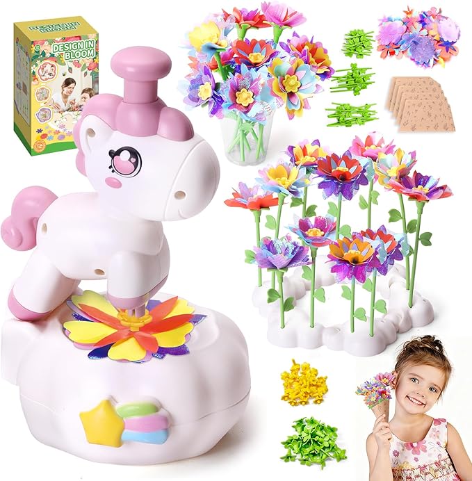 risuntoy kids flower press kit-diy fabric flower craft kits with 110 petals 30 centers stems buds,5 wraps & tapes,stem bouquet toys compatible with flower maker,christmas birthday gifts for kids 3+