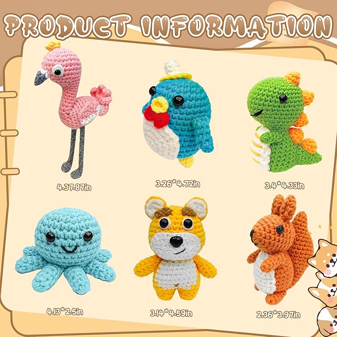 FHFTHYH 6Pcs Crochet Kit for Beginners, DIY Craft for Adults, Great Gift for Crochet Lovers, Crocheting Animal Kits with Step by Step Videos,Yarn,Crochet Hook,Birthday Holiday Gift
