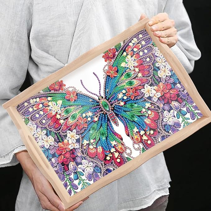 DIY Diamond Art Tray with Handle Diamond Art Painting Plate Creative Design Handmade Wooden Tray Mosaic Making Kits by Number Kits Diamond Art for Coffee Living Room Home Organizer (Butterfly)