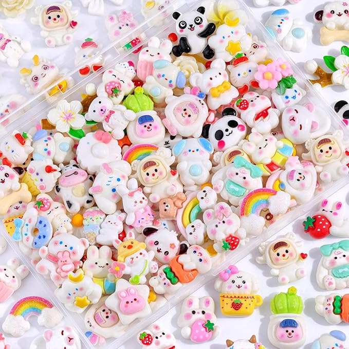 100PCS White Slime Charms Cute Flatback Resin Charms for Slime, Random Kawaii Decoden Charm for Embellishments Phone Junk Case Charms Bulk, Hairpins Scrapbooking Crafting & DIY Decoration