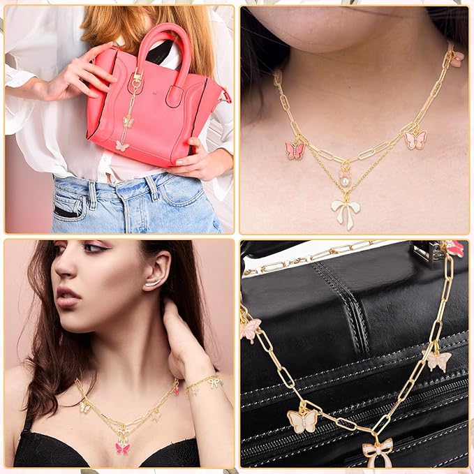 Quelay 91 Pcs Pink Bow Enamel Flat Charms Jewelry Making Kit Gold Keychain Making Kit for Necklace Choker Bracelet with Jewelry Pliers, Butterfly Bowknot Charms Pendants for Women DIY Crafts Supplies