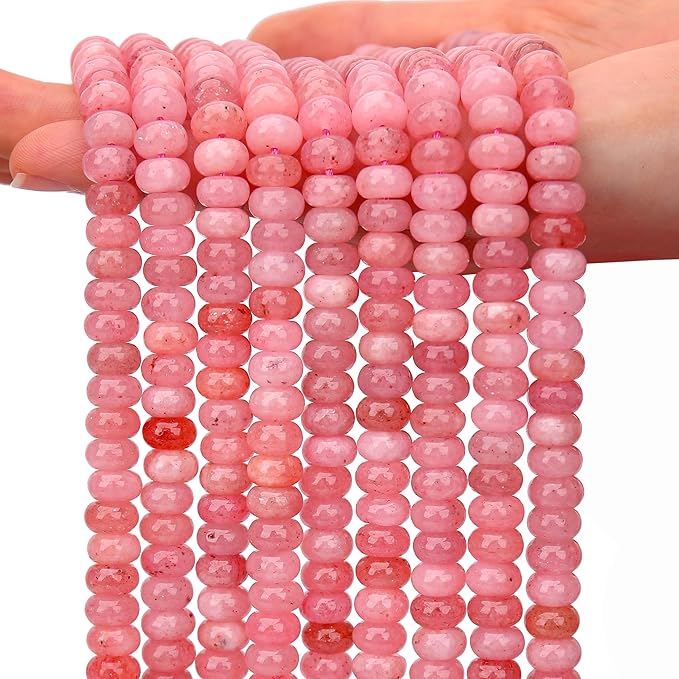 2 Strands (150PCs) Pink Jade Rondelle Beads, 5 * 8mm Gemstone Loose Spacer Abacus Disk Beads for DIY Bracelet Necklace Earrings Jewelry Making, Craft Supplies Beading Kit
