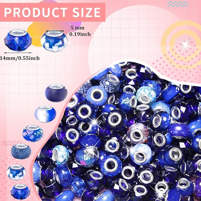 60Pcs Large Hole Beads Spacer Beads Dark Blue Assorted European Craft Big Beads Large Hole Lampwork Murano Bead Fairy Wand Garden Bead for DIY Charm Bracelet Jewelry Making Decoration Supplies
