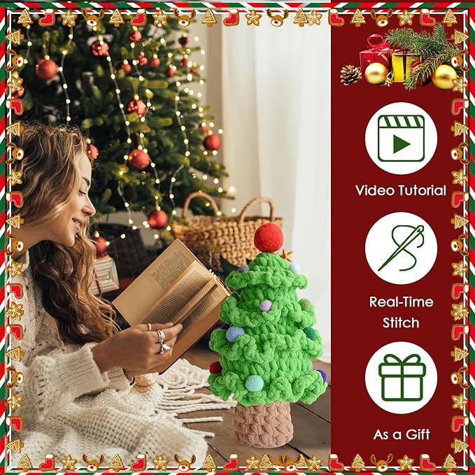 KUDOS Christmas Tree Crochet Kit - Holiday Crochet Set with Christmas Beads and Decorations for Beginners, Crochet Kit with All Accessories & Tutorial, Christmas Crochet for Family