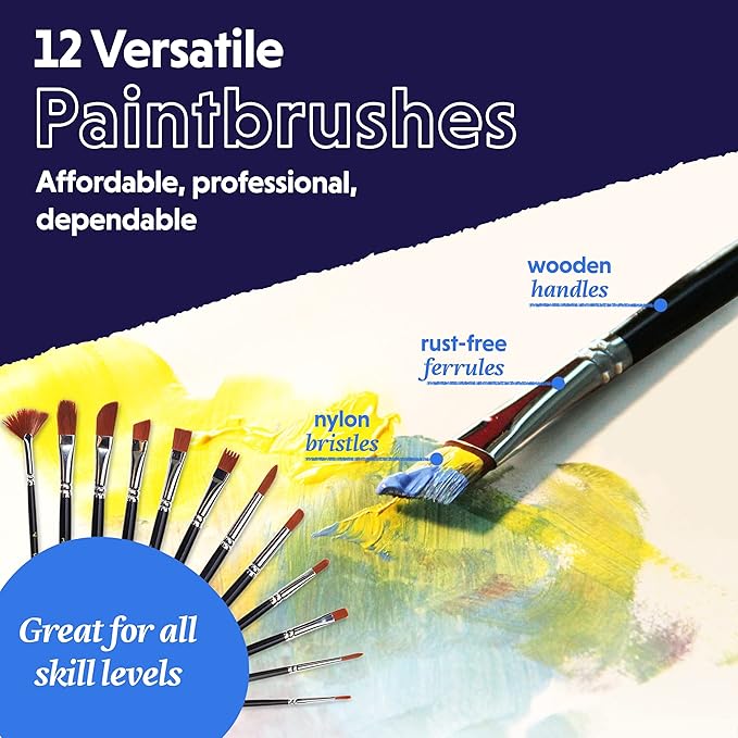 Crafts 4 All Acrylic Paint Set for Adults and Artists - 12 Pack of 12mL Paints with 12 Art Brushes & 4 Stretched Canvas Boards, Non-Toxic Craft Paint for Easter Eggs, Ceramic Rock Paint - Art Supplies