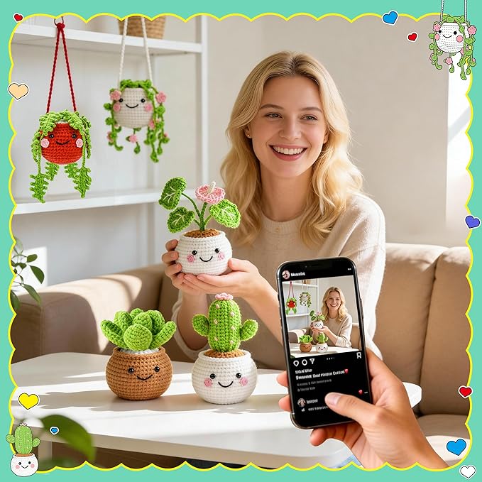 Joyclub Crochet Kit for Beginners Crochet Starter Kits for Adults and Kids Great Birthday Gifts for Crocheting Lovers with Step by Step Video Amigurumi Kit, 6 Pcs Fake Hanging Potted Plants Family