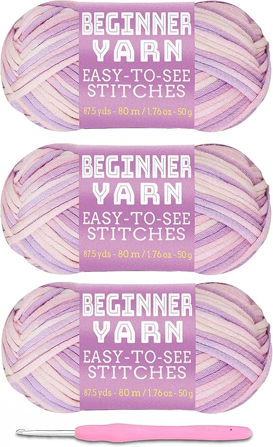 Baiyou 3x50g Beginners Pink Purple Yarn, 260 Yards Pink Purple Yarn for Crocheting Knitting, Easy-to-See Stitches, Worsted Medium #4, Chunky Thick Cotton Nylon Blend Yarn Yarn for Crocheting