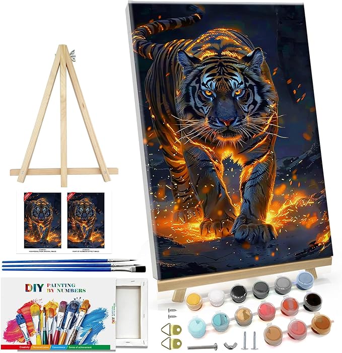 ATDMS Paint by Numbers Kit for Adults with Frame Tiger Paint by Number with Easel DIY Tiger Adult Paint by Number Kits Paint by Number Canvas for Gift Home Wall Decor 8x12 Inch