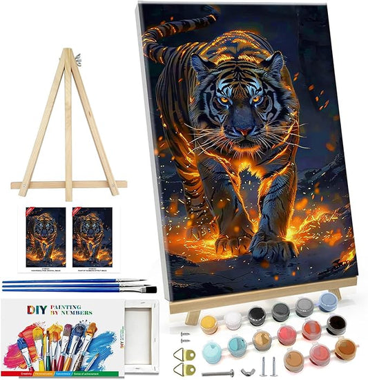 ATDMS Paint by Numbers Kit for Adults with Frame Tiger Paint by Number with Easel DIY Tiger Adult Paint by Number Kits Paint by Number Canvas for Gift Home Wall Decor 8x12 Inch